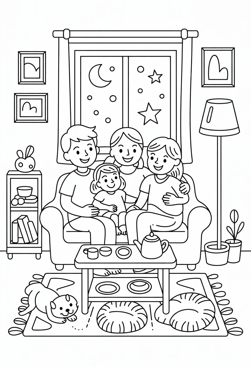 I Love My Family Coloring Pages List of 13 Fun and Educational Designs 23 A family of four sitting together on a sofa in a cozy living room with a pet nearby, a window showing the night sky, a coffee table, a floor lamp, and a bookshelf.